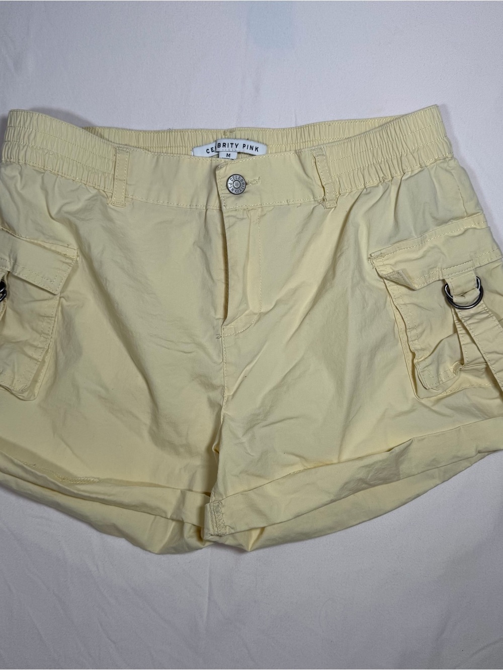 Celebrity Pink Pale Yellow Cargo Shorts with Ring Detail